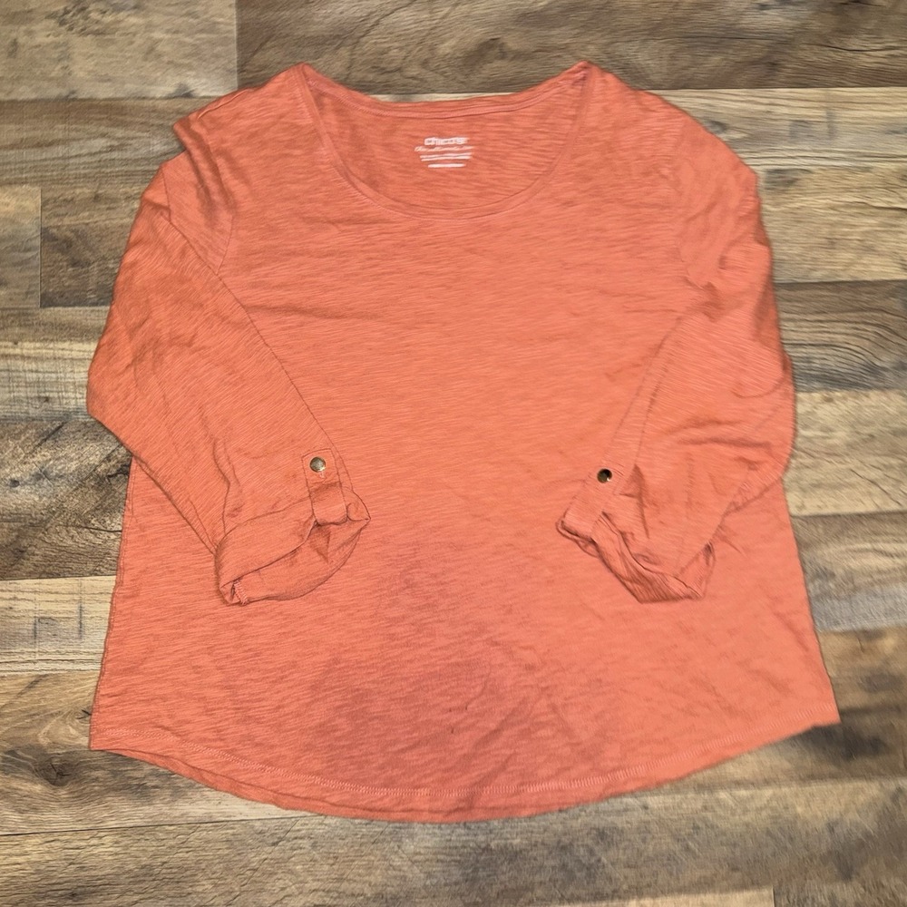 Chicos The Ultimate Tee Burnt Orange Slub Cotton Modal Roll Tab Top Large Size 2